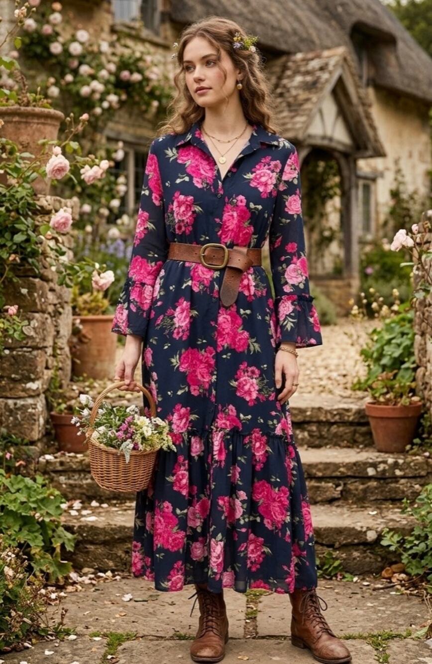 YNS Cottage Core Long Maxi Navy Floral Button Down Ruffle Dress XL